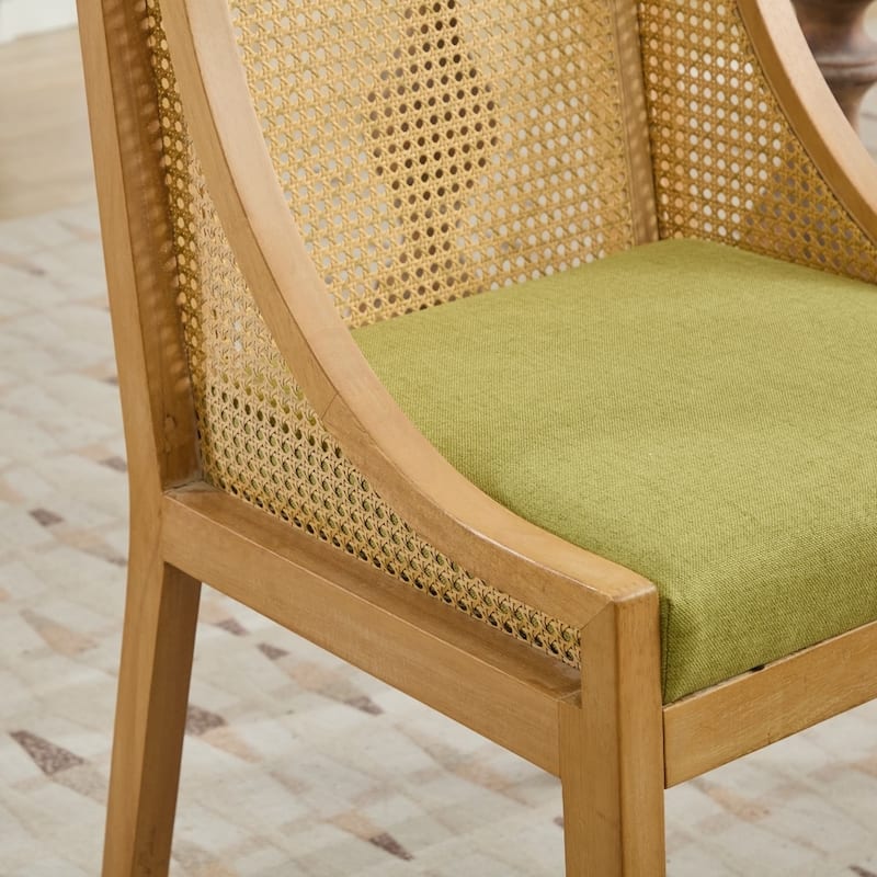 Rustic Rattan Dining Chairs with Solid Wood Frame ,Decorative Armrests and Linen Upholstered Seat