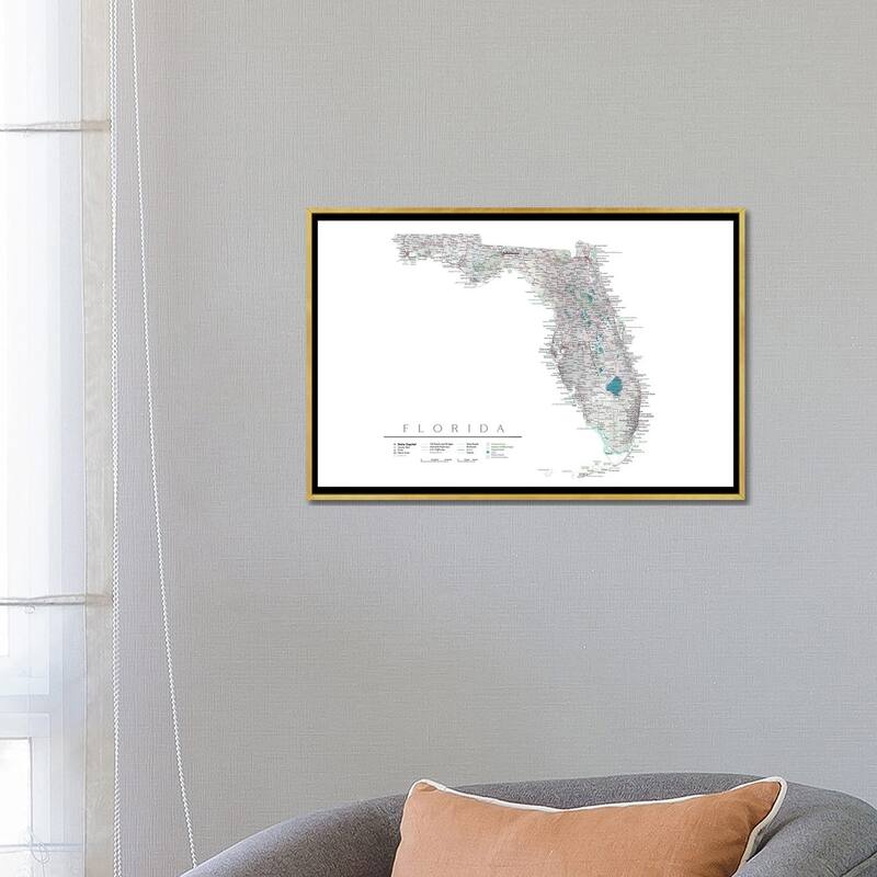 iCanvas "Detailed Map Of Florida, USA" by blursbyai Framed Canvas Print