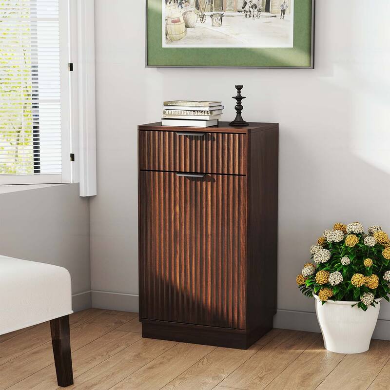 Tilt-Out Trash Can Cabinet with Wave-Textured Hideaway Drawer and Pull-Out Bin,for Living Room - Walnut