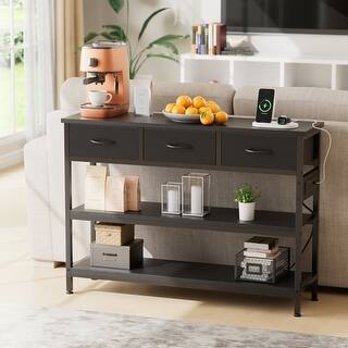 43.3-inch Narrow Console Table with Power Outlets, USB Ports & 3 Fabric ...