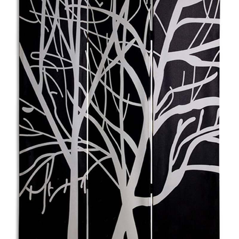3 Panel Canvas Room Divider with Branch Pattern, Black and White