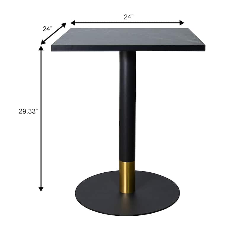 Vail Square Dining Table with 24 in. MDF Tabletop in Black Stainless Steel Round Pedestal Base with Gold Accent Kitchen Table
