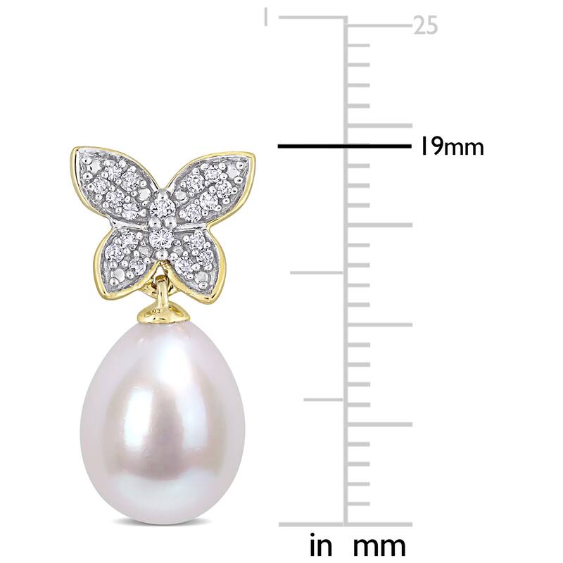 Miadora 10k Yellow Gold Cultured FW Pearl and 1/8ct TDW Diamond Butterfly Drop Earrings (8.5-9mm)