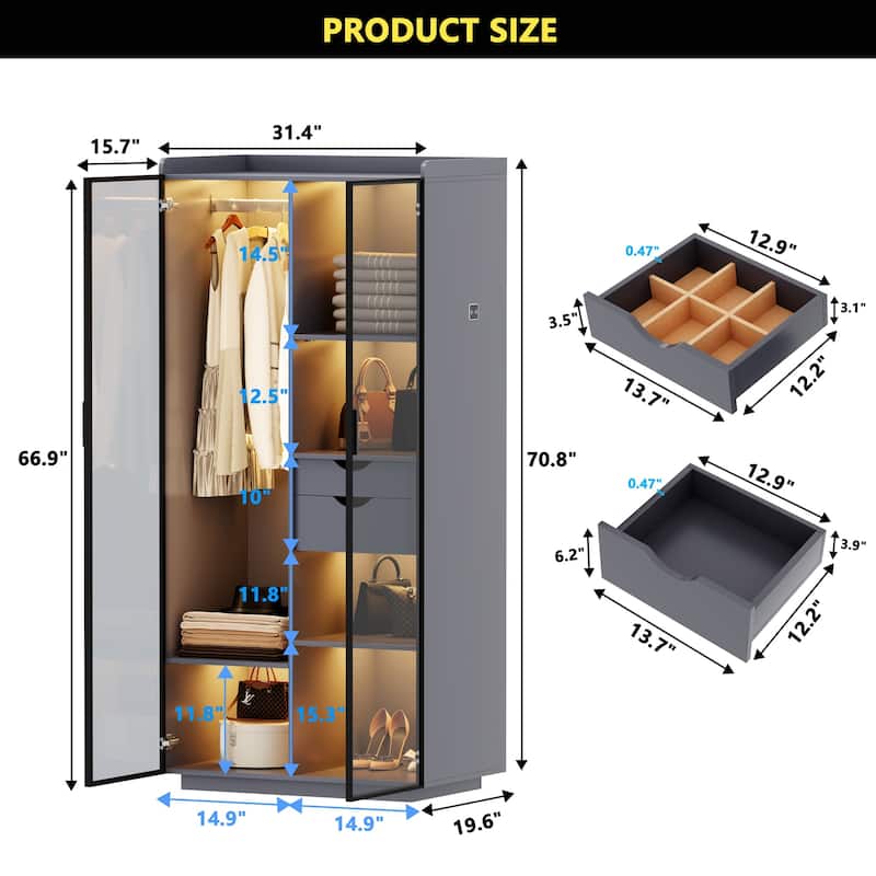 2-Door Wardrobe Armoire with LED Lights