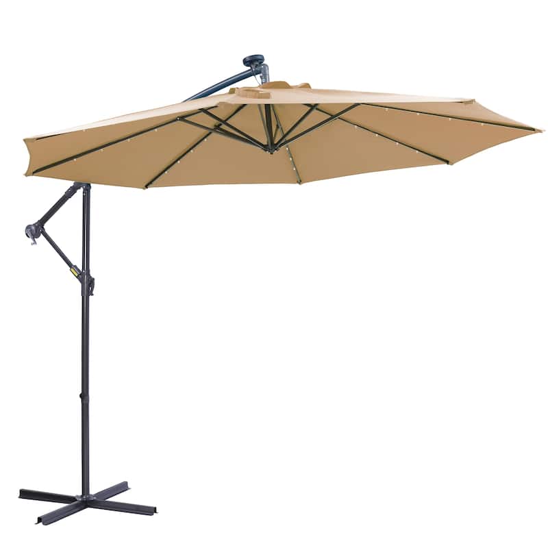 Solar Patio Outdoor Umbrella Hanging Cantilever Umbrella with 32 LED Lights for Garden and Outdoor -Taupe