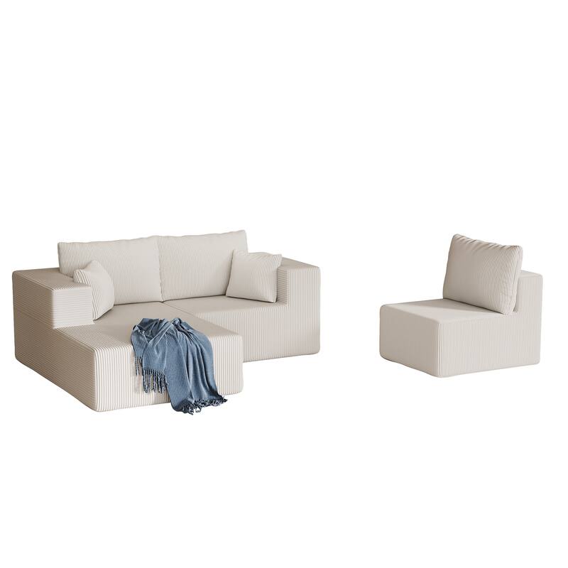 L Shaped Sectional Foam Sofa, Upholstered Corduroy Fabric Sofa, Modular Cloud Couch with Chaise Lounge & Removable Covers