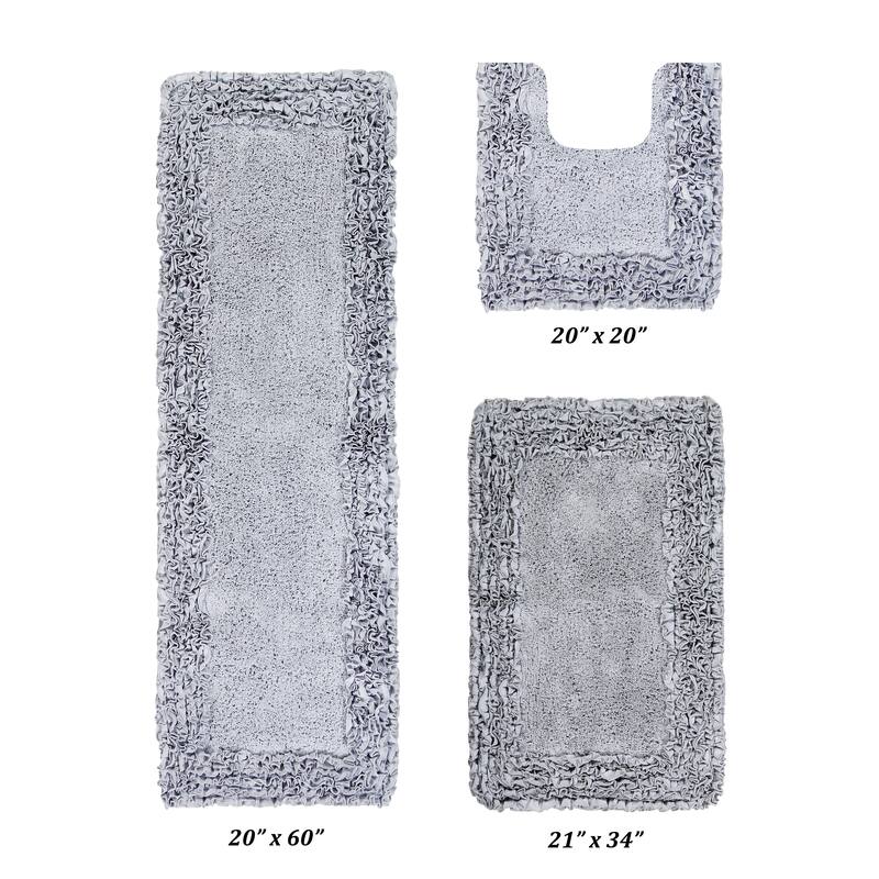 Better Trends Shaggy Border Collection Bathroom Rug -100% Cotton Tufted, Non-Skid Spray Latex Backing, Machine Washable Bath Mat - 3 Piece Set (20" x 20" | 21" x 34" | 20" x 60") - Silver