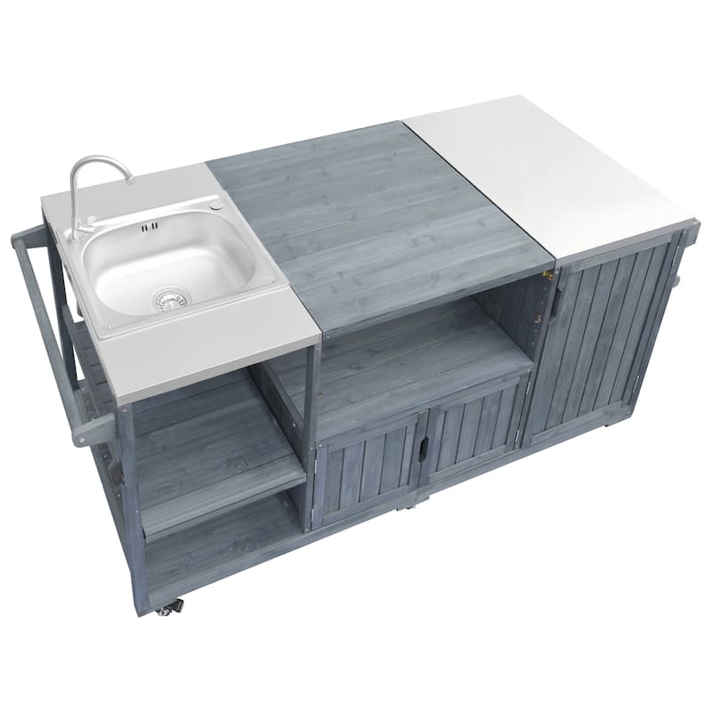 Kitchen Island with Sink, Grill Cart for Big Green Egg Grills, Rolling Bar Cart with Stainless Steel Top for Pizza Prep and BBQ