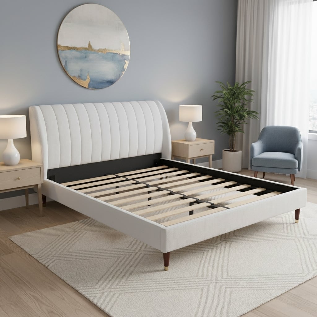 Beige Low Profile Upholstered Platform Bed with Wingback Headboard