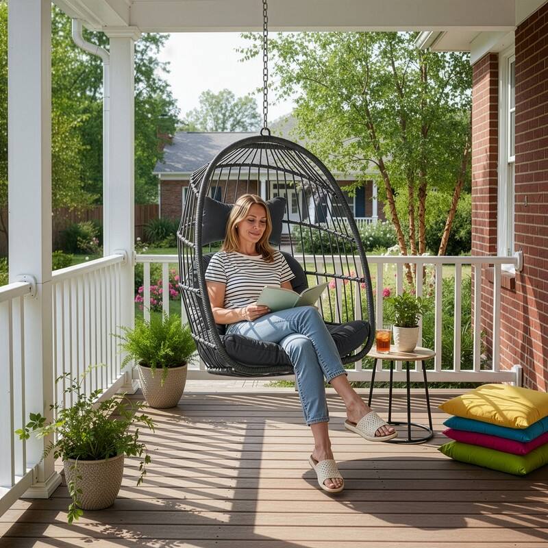 Outdoor Indoor Wicker Foldable Hanging Egg Chair Without Stand, Patio Swing Chair with Cushion, 350 lb Capacity