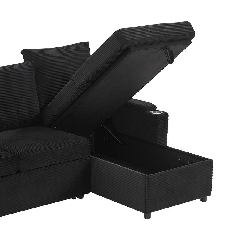 Roomfitters Convertible Sofa Bed 109.5" U-Shaped Sectional Upholstered Sofa with Storage Chaise, Cup Holders and USB Ports