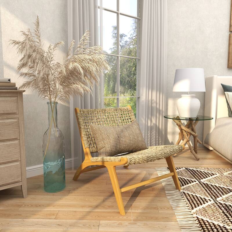 Teak Wood Living Room Accent Chair with Leather or Woven Cane Seat