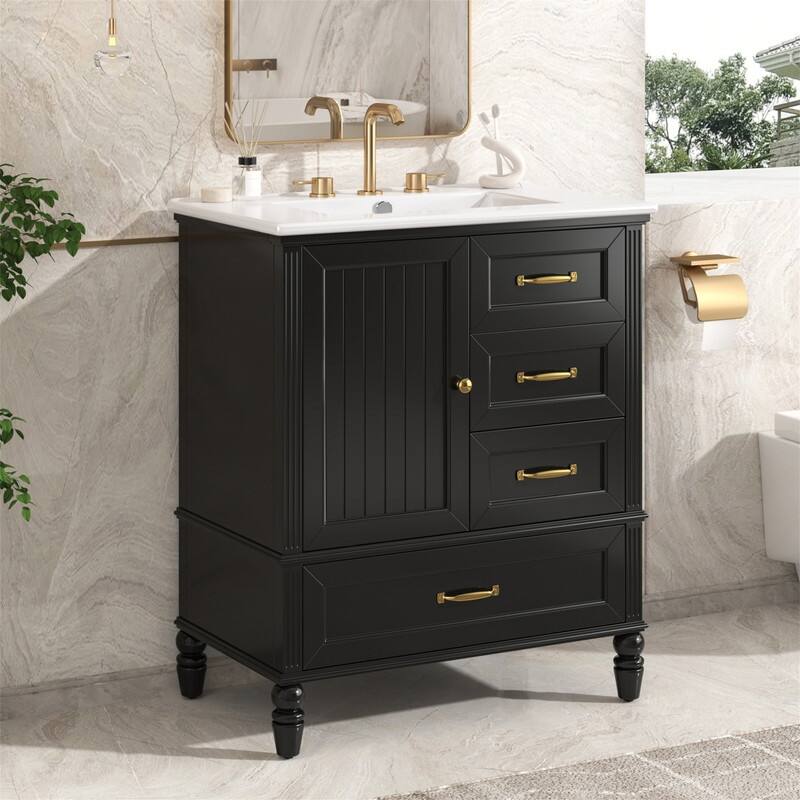 30" Bathroom Vanity with Ceramic Sink Combo, Freestanding Bathroom Vanity Cabinet with 1 Door and 3 Storage Drawers