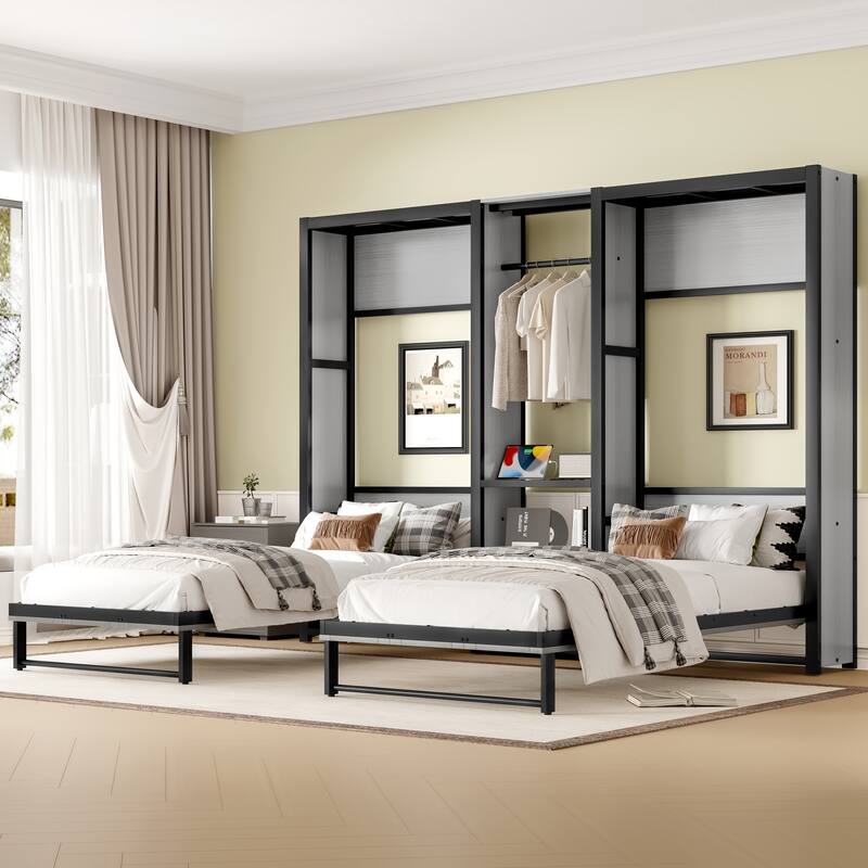 Twin Murphy Bed with Wardrobe - Metal Foldable Wall Bed, Shelves & Power Outlets, Space-Saving 2-in-1 Design