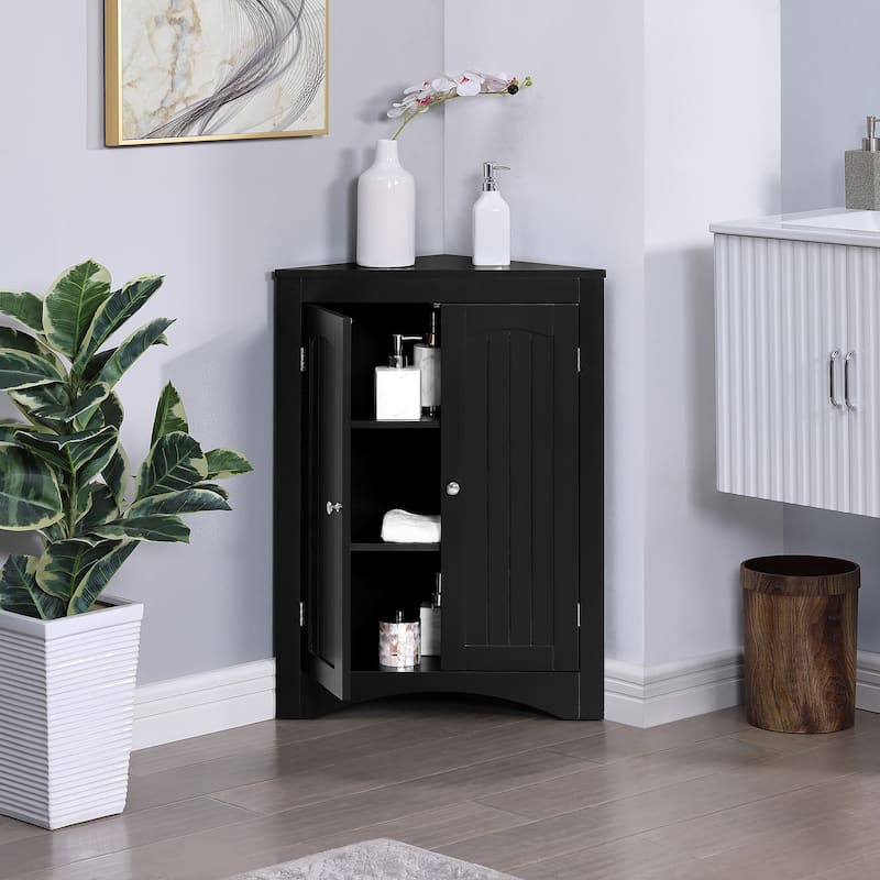 Black Corner Bathroom Cabinet with Double Doors for Small Spaces - Coffee