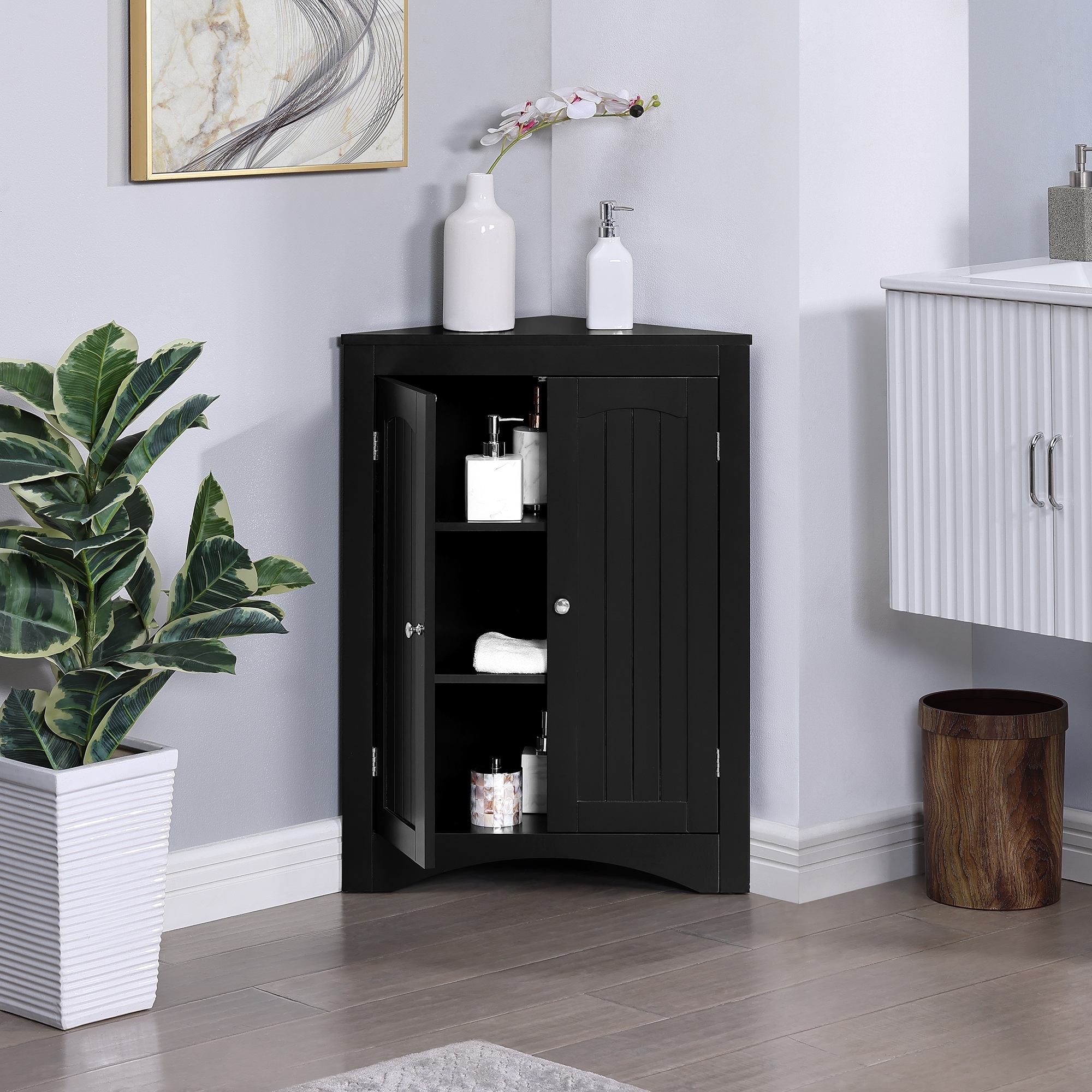 Sideboard Cabinet, Corner cabinet, Bathroom Floor Corner Cabinet with Doors and Shelves, Kitchen, Free Standing Storage Cabinet