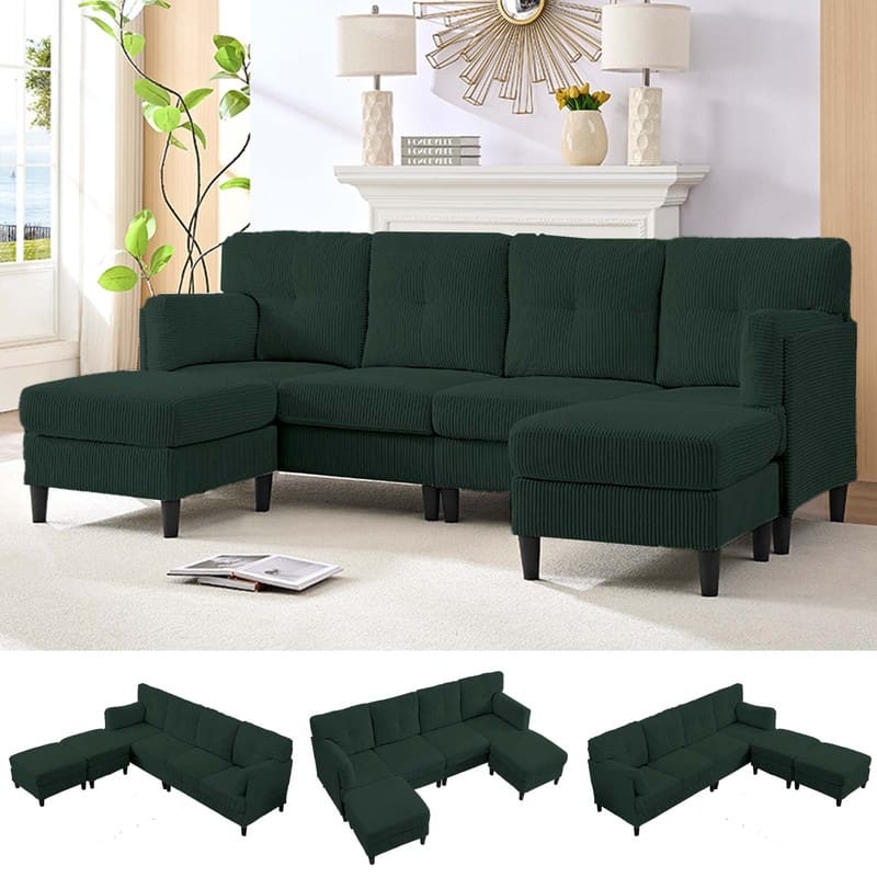 Mixoy Corduroy U-Shape Modular Convertible Sectional Sofa,Upholstered 4-Seater Sofa Couch with Movable Ottoman