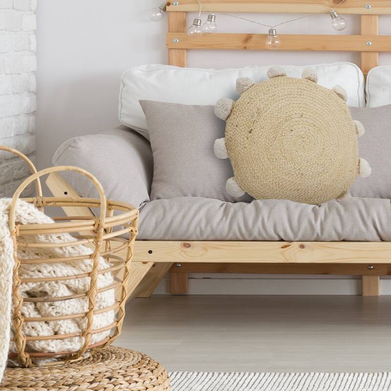 Sevita Natural Jute Throw Pillow with Pom Pom Border - 20" x 20" Round - Polyester