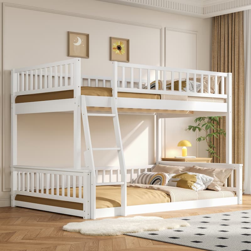 Floor Bunk Bed Frame with Ladder and Guardrails, Detachable Design Wooden Bunk Bedframe into 2 Separate Platform Beds