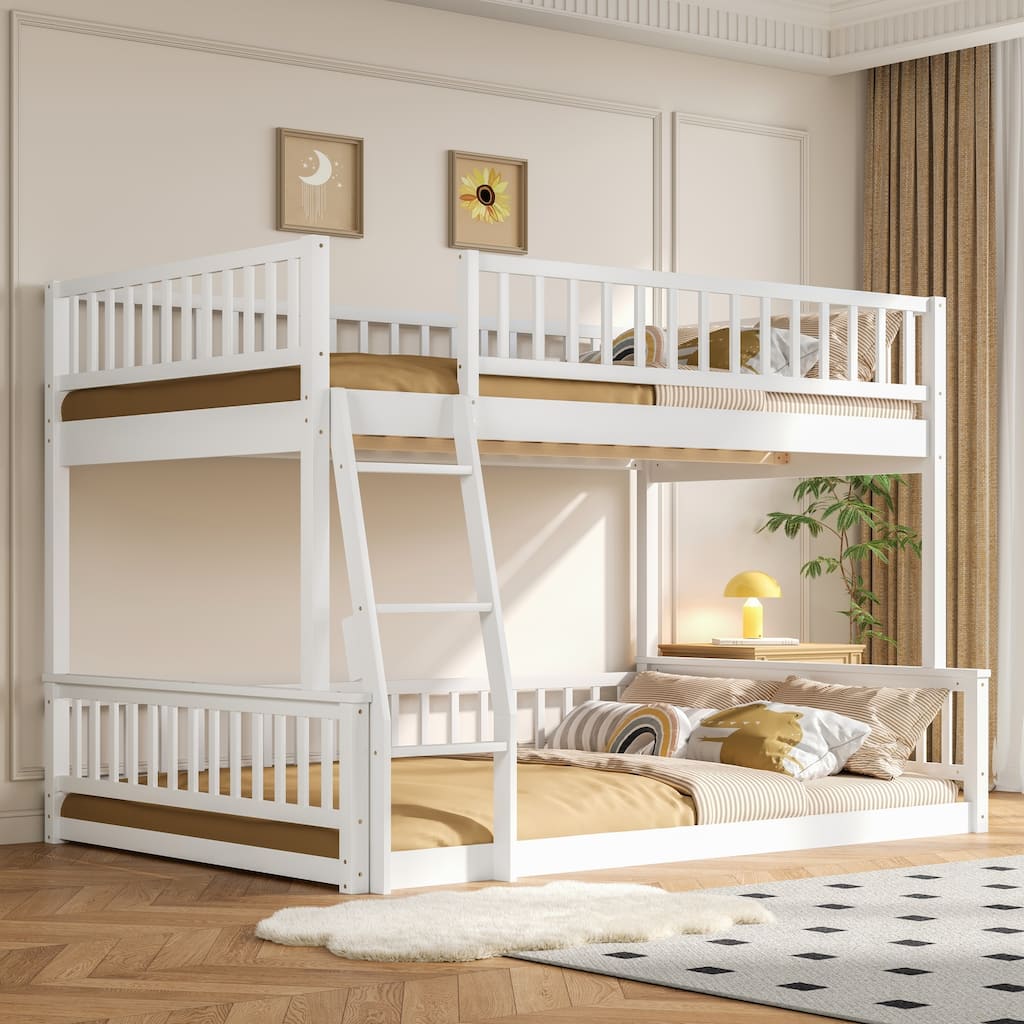 Full XL over Queen Bunk Bed with Ladder & Guardrails, Sturdy Stackable Bed Frame