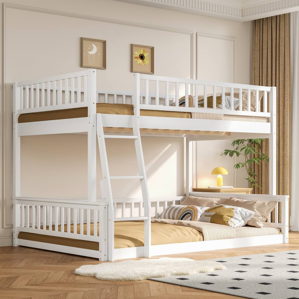 Roomfitters Full XL Over Queen Bunk Bed with Ladder and Guardrails, Solid Wood Frame, White