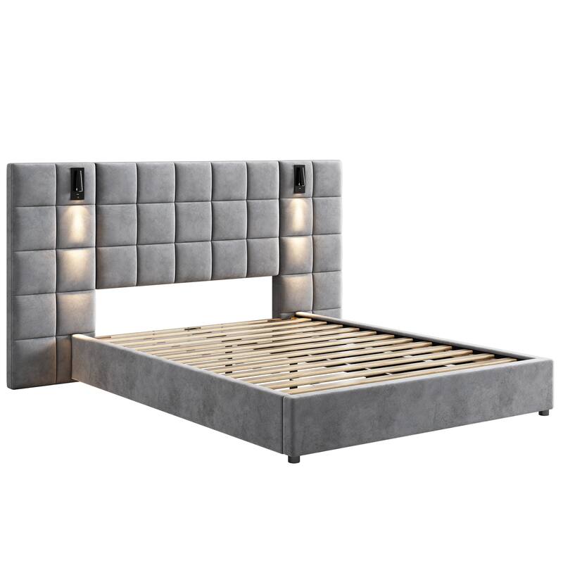 Grey Velvet Upholstered Queen Bed with USB Reading Lamp and Wide Headboard