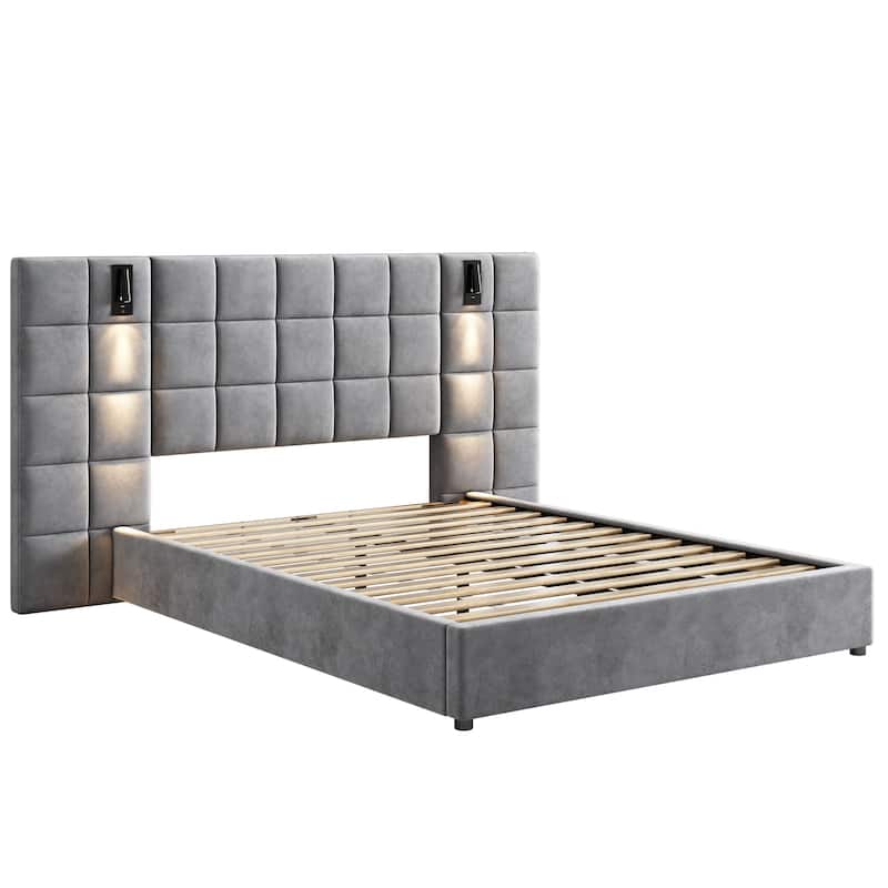 Grounded Bed Upholstered Bed Frame with 46" High Headboard and Integrated Reading Lamp & USB Port, Square Quilting Design
