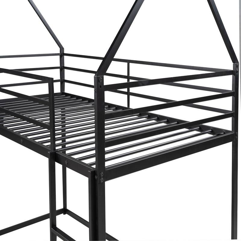 Metal Twin over Twin House Shape Bunk Bed with Ladder and Slide, Kids