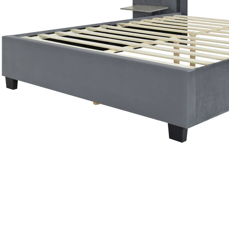 Upholstered Platform Bed with Soft Oversized Headboard and Storage Shelves