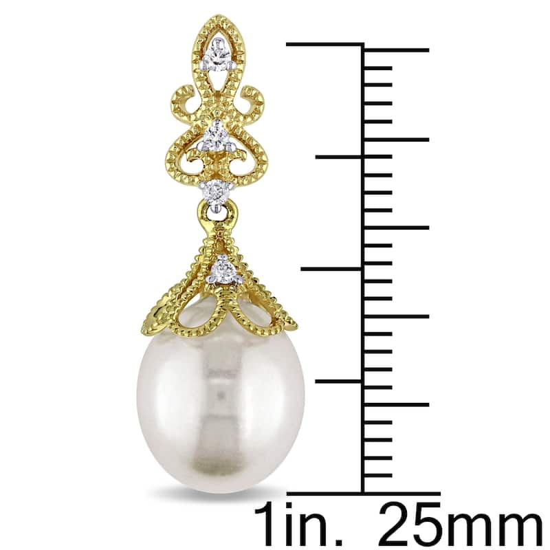 Miadora 9-9.5 mm Cultured Freshwater Pearl and 1/10 CT TW Diamond Vintage Drop Earrings in 14k Yellow Gold