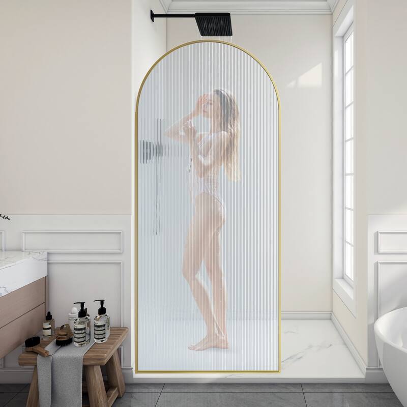 Ember Series 34 in. W x 78 in. H Fixed Framed Shower Door in Black, Gold or Nickel Finish with Clear or Fluted Glass