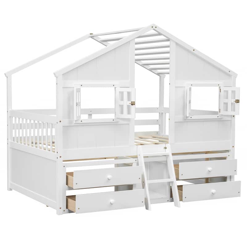 Wooden Loft Bed w/4 Storage Drawers and Roof, Full Size House Loft Pine Wood Bed