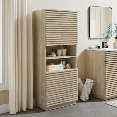 Render Tall Faux Travertine Linen Storage Cabinet
