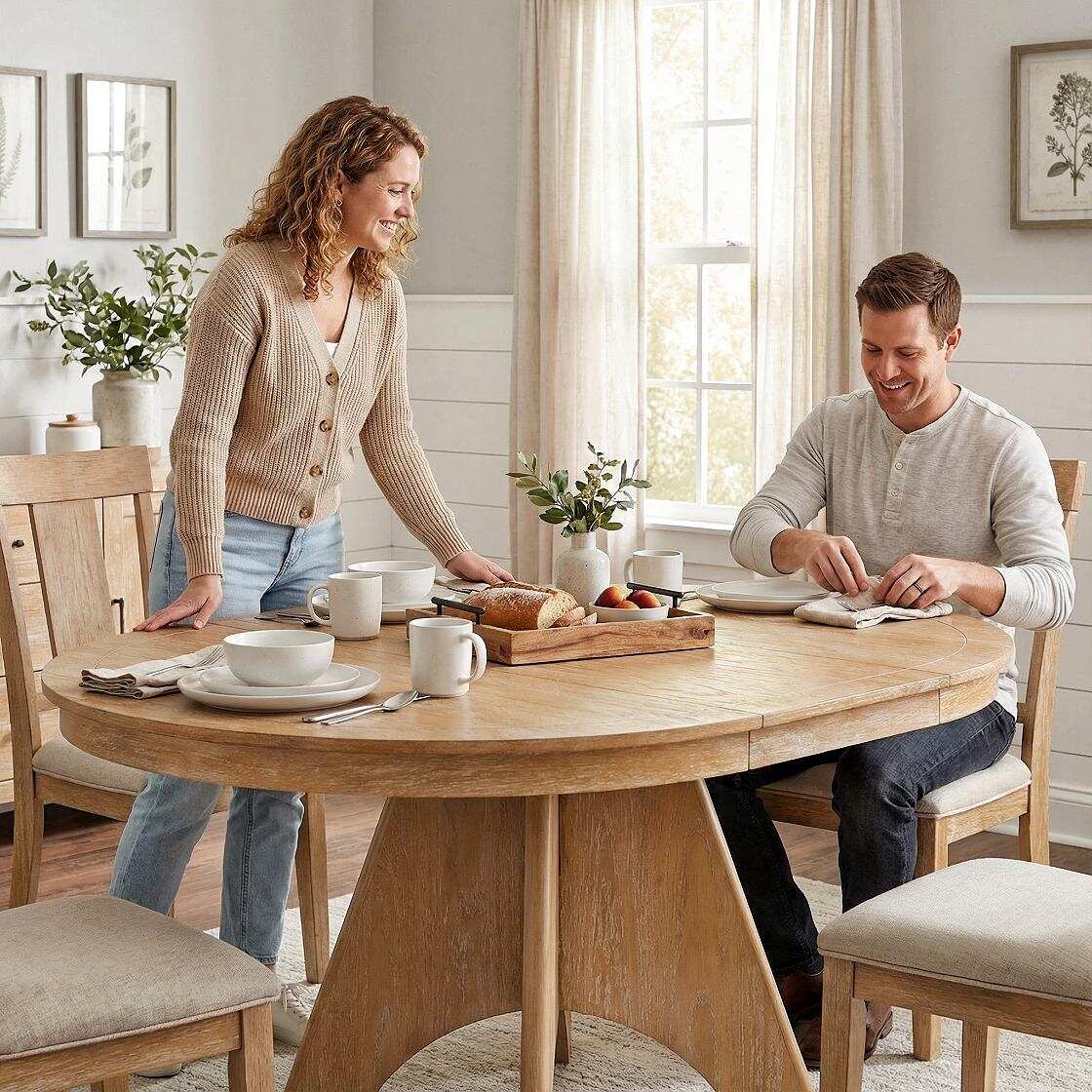 Vintage Extendable Round Dining Table, 42 to 58 Inch Rustic Farmhouse Kitchen Table for 4-6 Natural Wood Wash