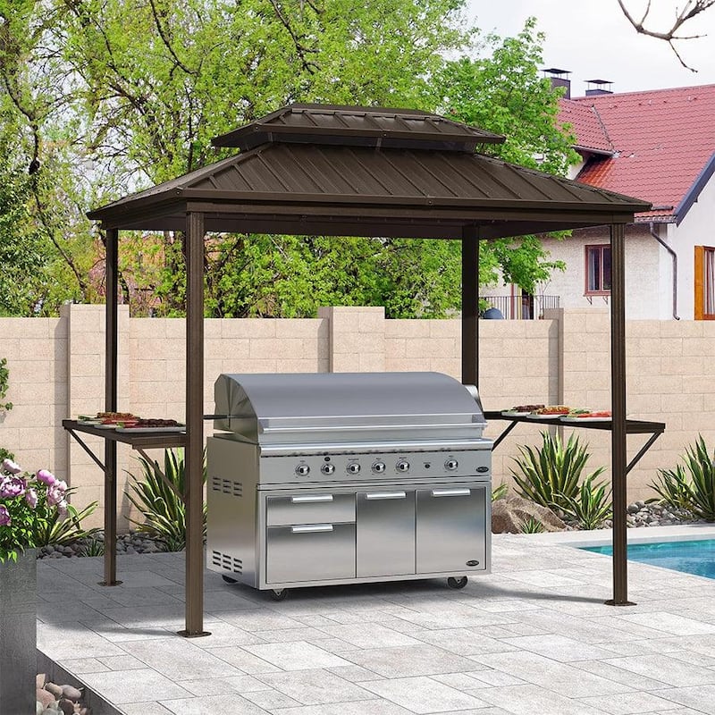 PURPLE LEAF Hardtop Grill Gazebo Galvanized Steel Roof Outdoor BBQ Canopy with Ceiling Hook and Shelves - 6ft x 8ft - Bronze