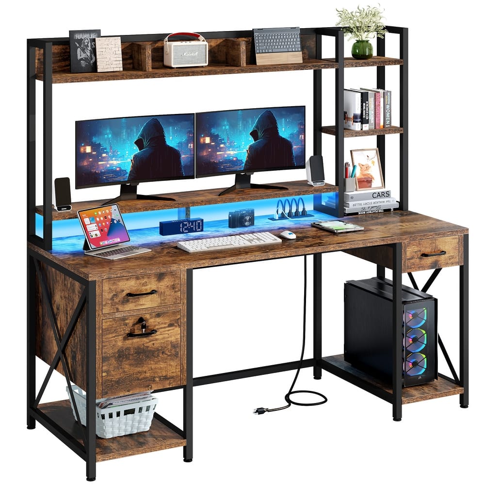 Moasis 59 Inch Computer Gaming Desk with Hutch and Bookshelf Home Office Desks with 3 Drawers