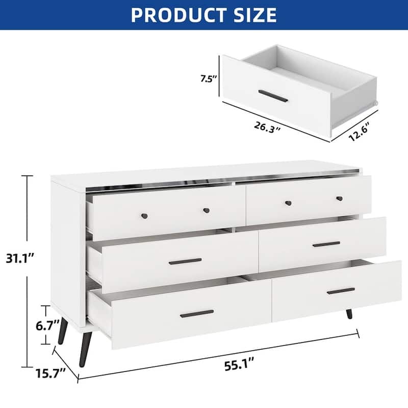 Modern 6 Drawers Storage Dresser Organizer TV Stand for 55" White - 55 inches