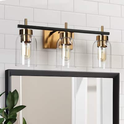 Valina Modern Black Gold 3-Light Bathroom Vanity Light Cylinder Glass Wall Sconces