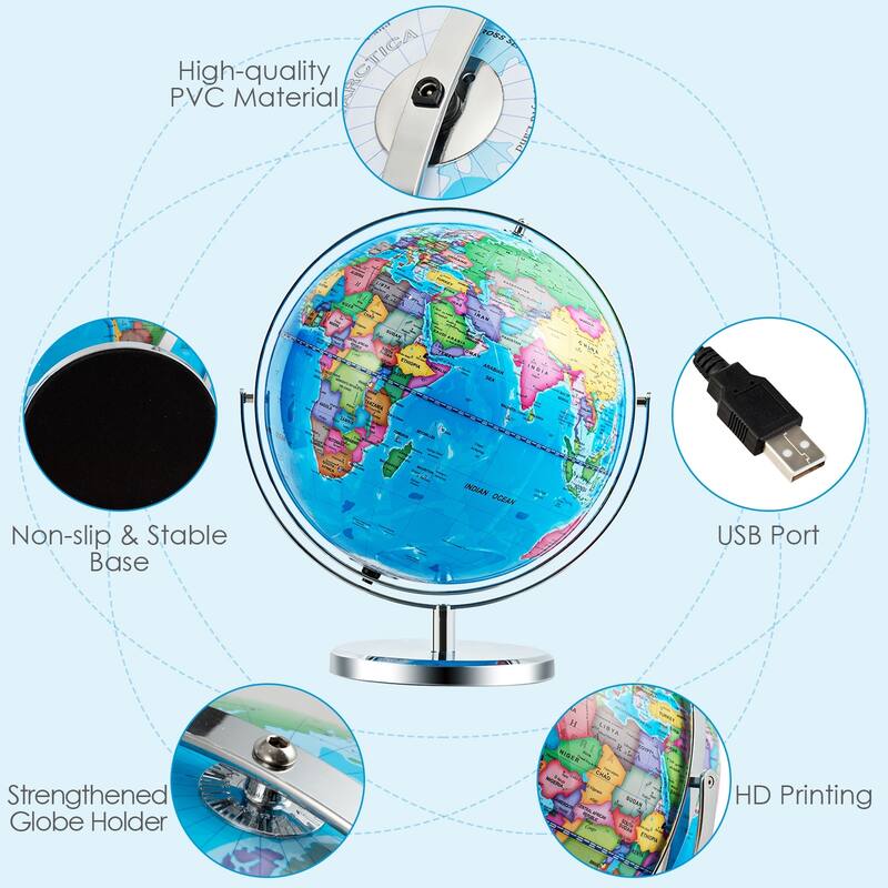 13 Inch LED Lighted World Globe 720 degree Rotation for Kids and Decor - 8" x 13" x 16"