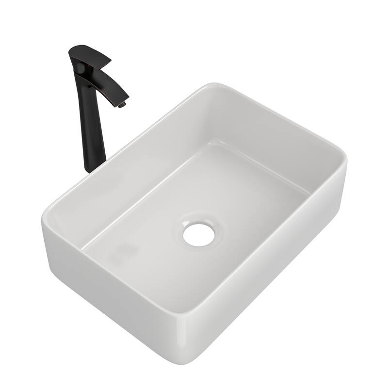 Modern European 19" Rectangle Bathroom Vessel Sink with Faucet, Hot & Cold Hoses, and Polished Finish - 19in L - White