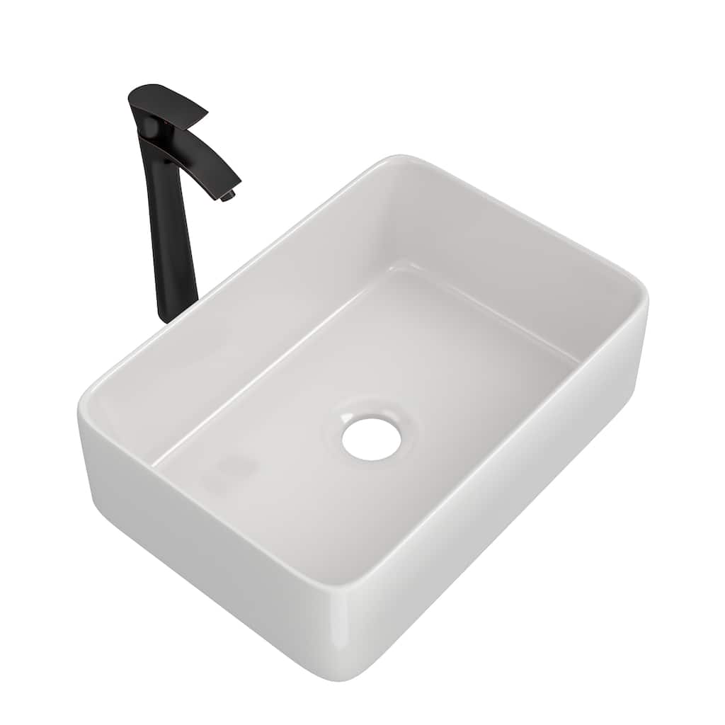 Modern European 19" Rectangle Bathroom Vessel Sink with Faucet, Hot & Cold Hoses, and Polished Finish - 19in L