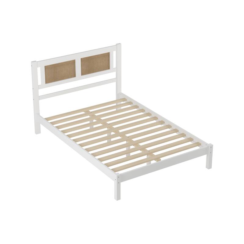 Modern Style Wooden Platform Bed with Rattan Headboard