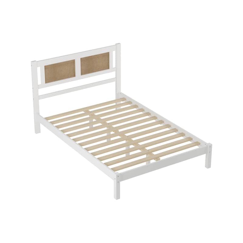 Modern Wooden Platform Bed with Rattan Headboard