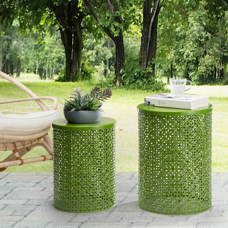 Glitzhome Set of 2 19.25"H & 16.5"H Multi-functional Metal Outdoor Table Garden Stool