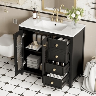 Elegant 36" Black Bathroom Vanity with Ceramic Basin, Gold Accents, and ...