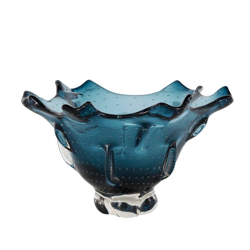 Dark Blue Glass Tulip Shaped Ombre Abstract Decorative Decorative Bowl with Bubble Texturing
