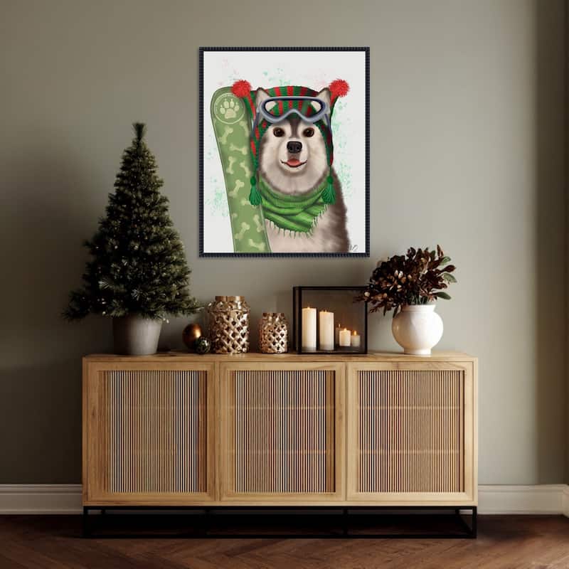 Christmas Husky Snowboard by Fab Funky (23 x 28 in.), Framed Canvas Wall Art Print - Sylvie Beaded Black