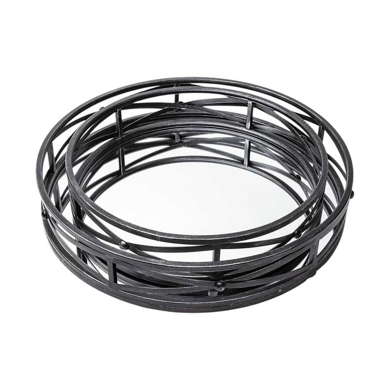 HomeRoots Set of Two Black Round Metal And Mirrored Glass Vanity Trays - 23.6L x 5.7W x 23.8H