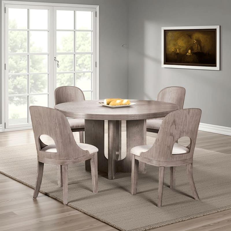 Zoko 54 Inch Round Dining Table, Pedestal Base, White Wash Solid Wood