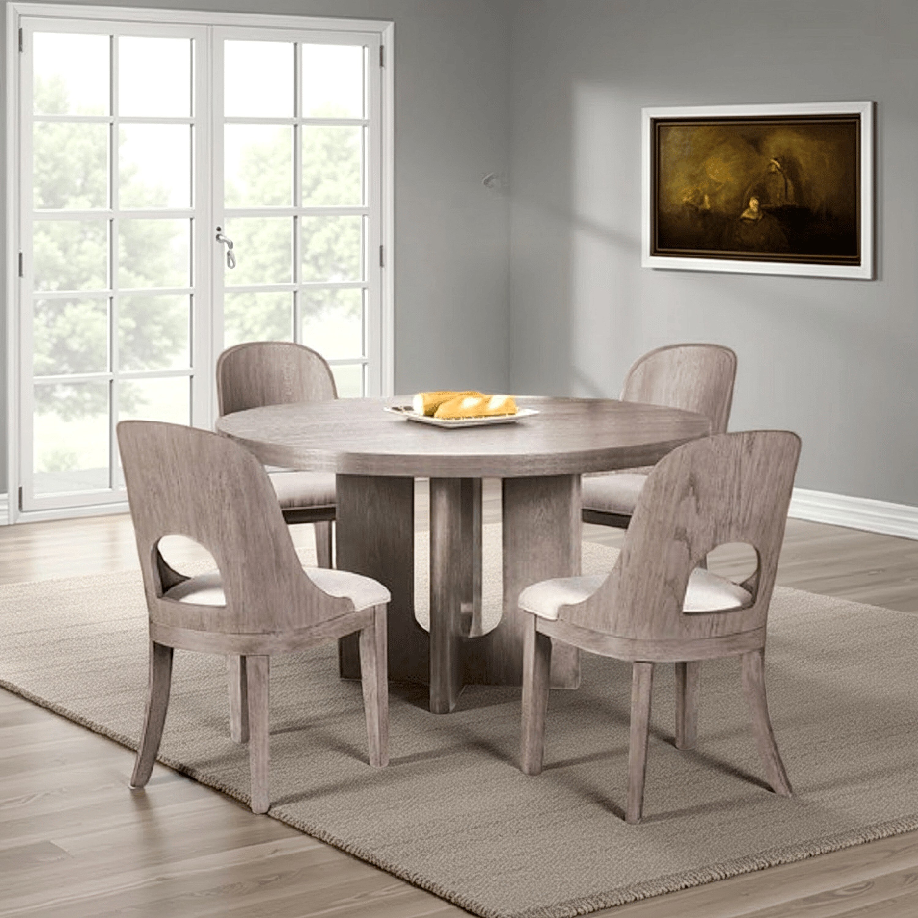 Zoko 54 Inch Round Dining Table, Pedestal Base, White Wash Solid